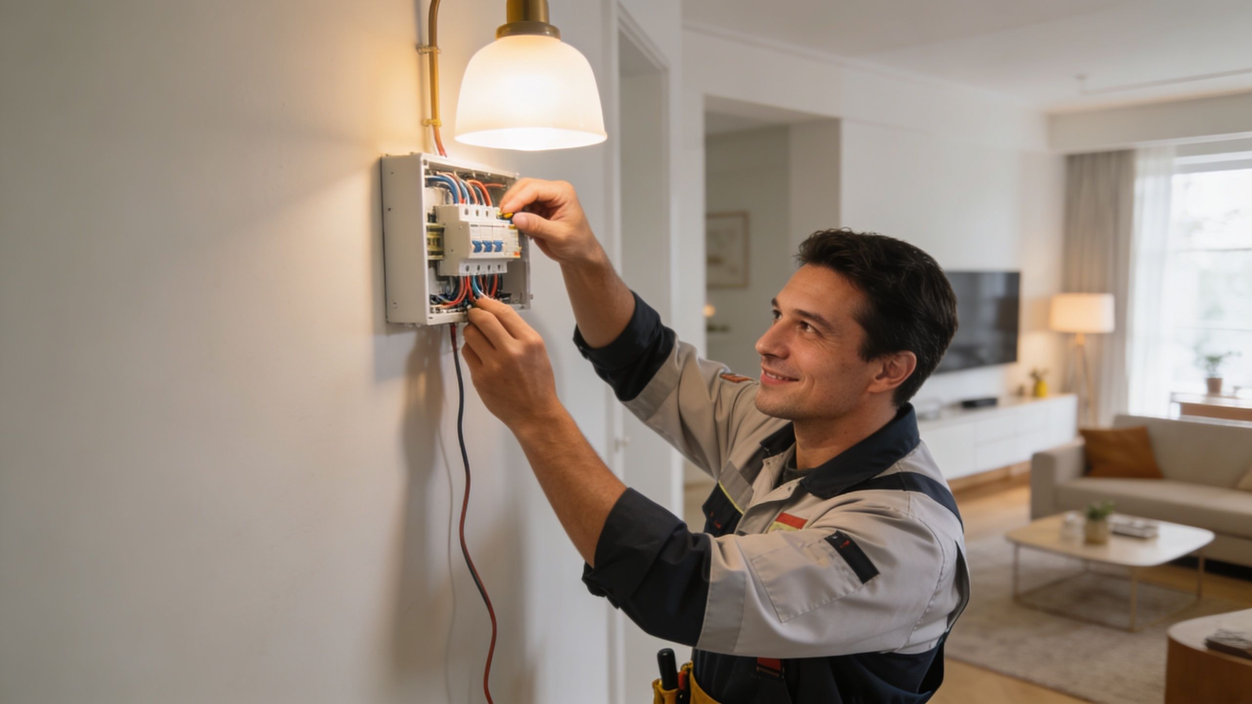 En professionel elektriker arbejder fokuseret på at installere eller reparere en elektrisk tavle i en moderne stue.