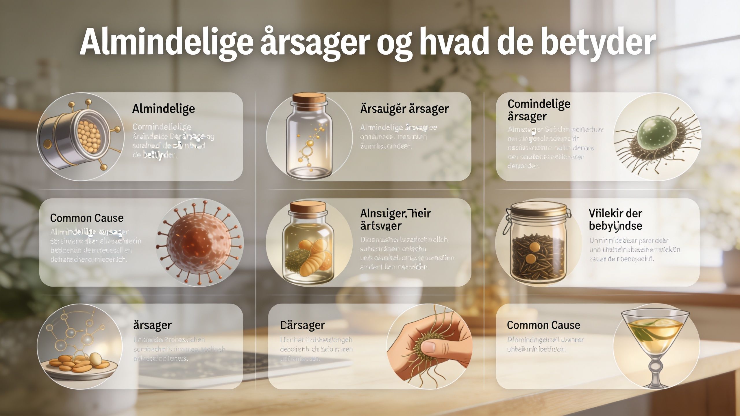 En grafisk oversigt over almindelige årsager og deres betydning illustreret med forskellige medicinske og videnskabelige motiver.