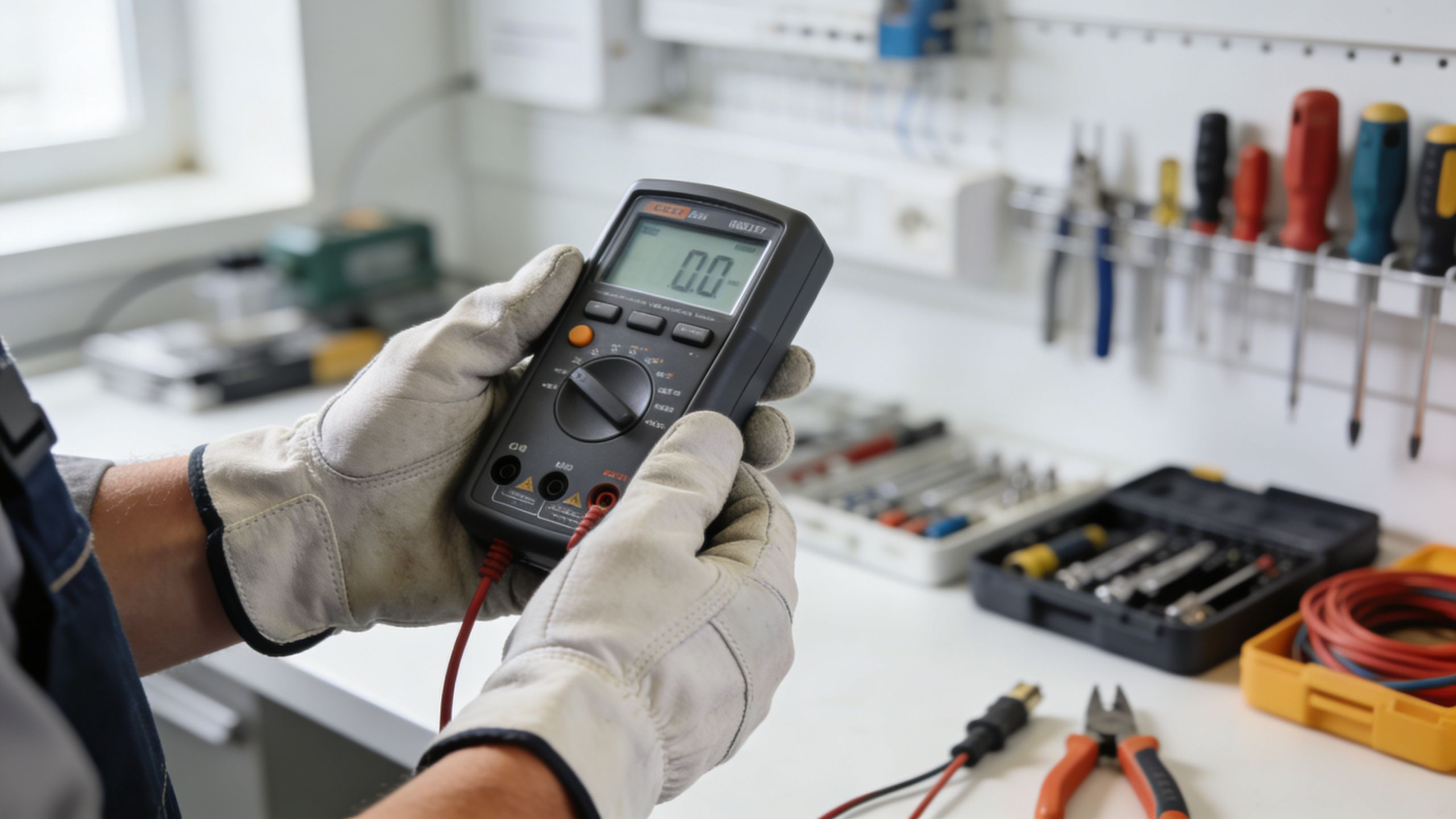 En elektriker med beskyttelseshandsker holder et digitalt multimeter for at måle elektriske værdier på et værksted.