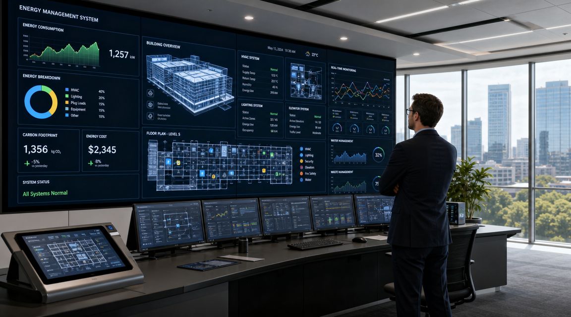En forretningsmand observerer en stor digital skærm med energistyringsdata og overvågningssystemer i et moderne kontormiljø.