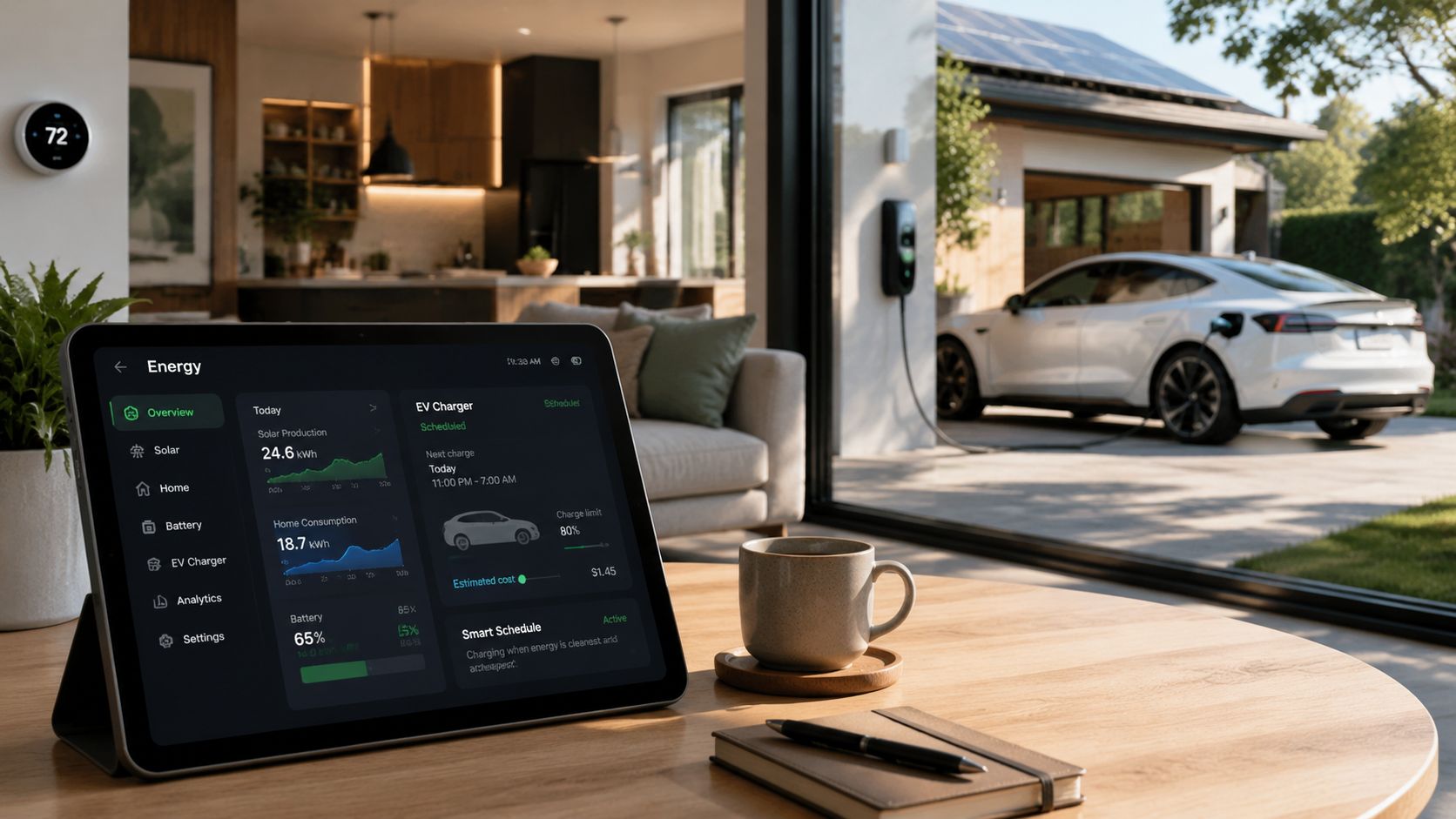 En tablet viser energiforbrug, solcelleproduktion og elbilopladning i et moderne smart hjem med elbil i indkørslen.