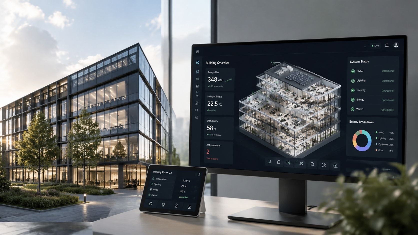 En computerskærm og en tablet viser intelligente bygningsstyringssystemer med energidata og overvågning af kontorfaciliteter.