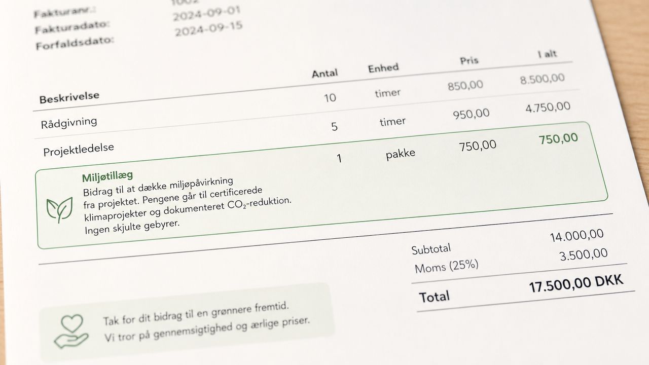 Et nærbillede af en dansk faktura, der inkluderer et grønt miljøtillæg for CO2-reduktion og klimaprojekter.