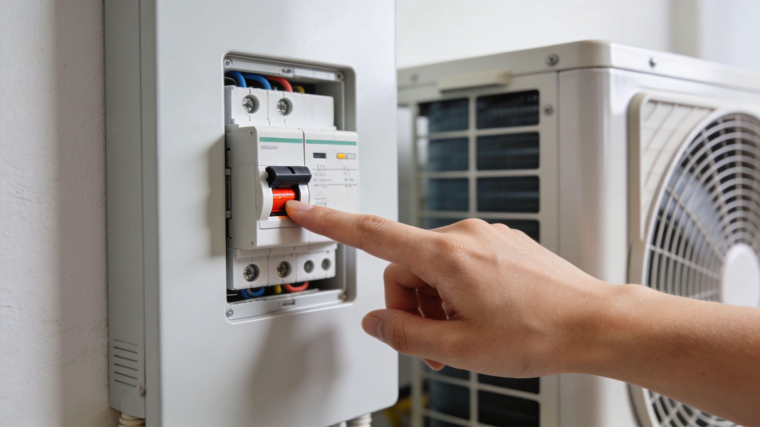 En person slukker for en elektrisk afbryder forbundet til en udendørs varmepumpe på en hvid væg.