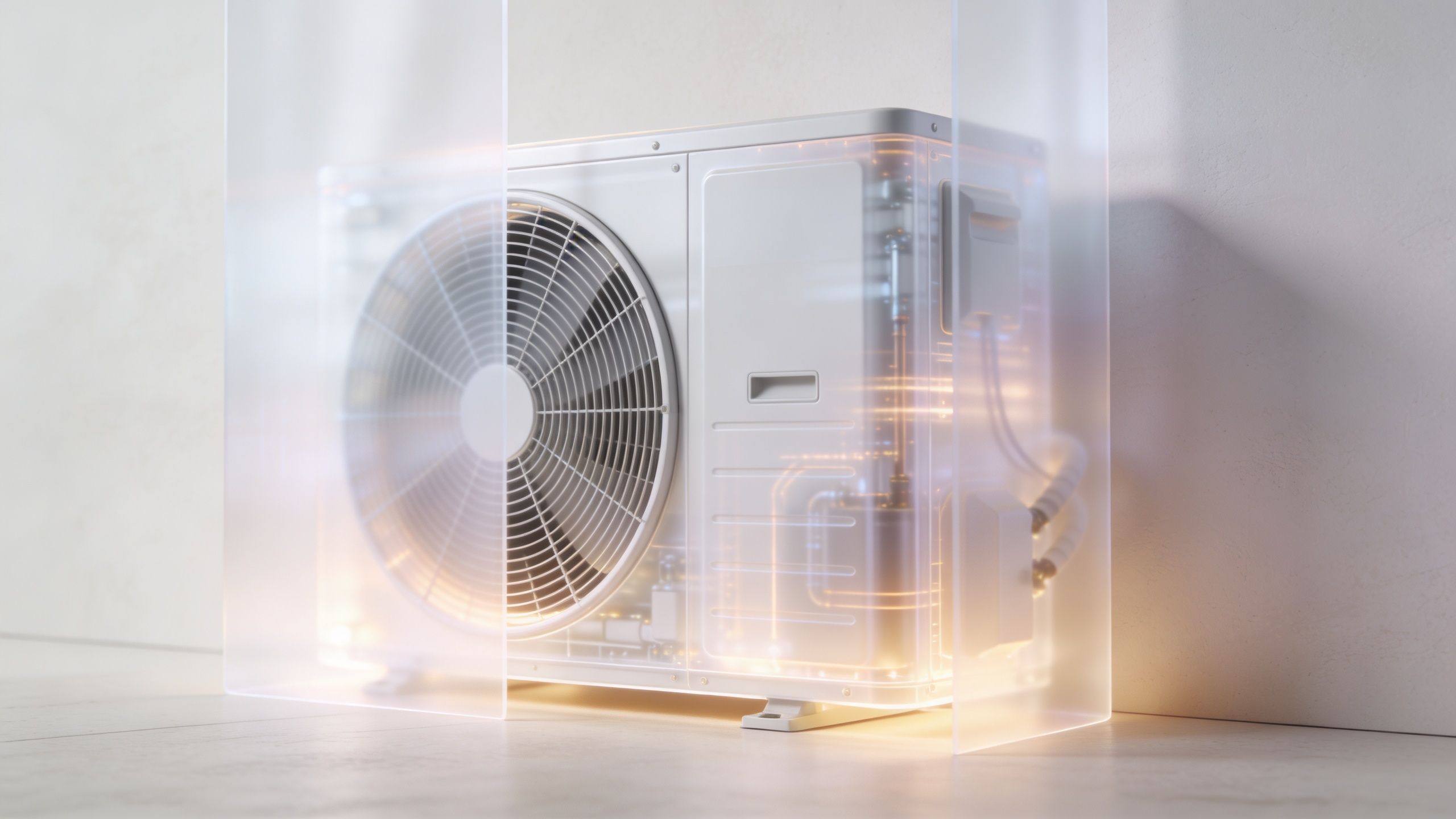 En moderne varmepumpe i 3D-stil, der viser dens interne mekaniske komponenter og effektiv energiteknologi.
