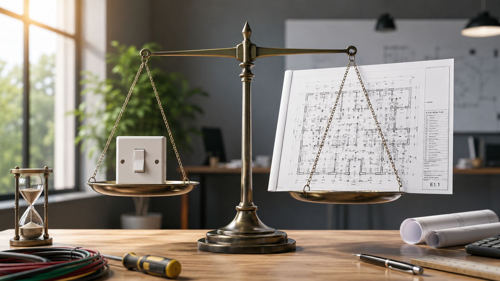 En vægtskål med en lysafbryder og en elektrisk plantegning symboliserer balancen mellem elarbejde og tid.