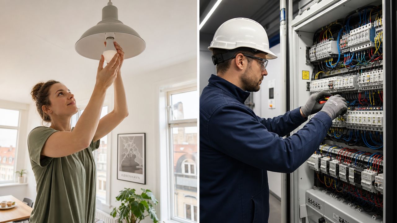 En person skifter en elpære i et privat hjem, mens en elektriker arbejder med et elskab.