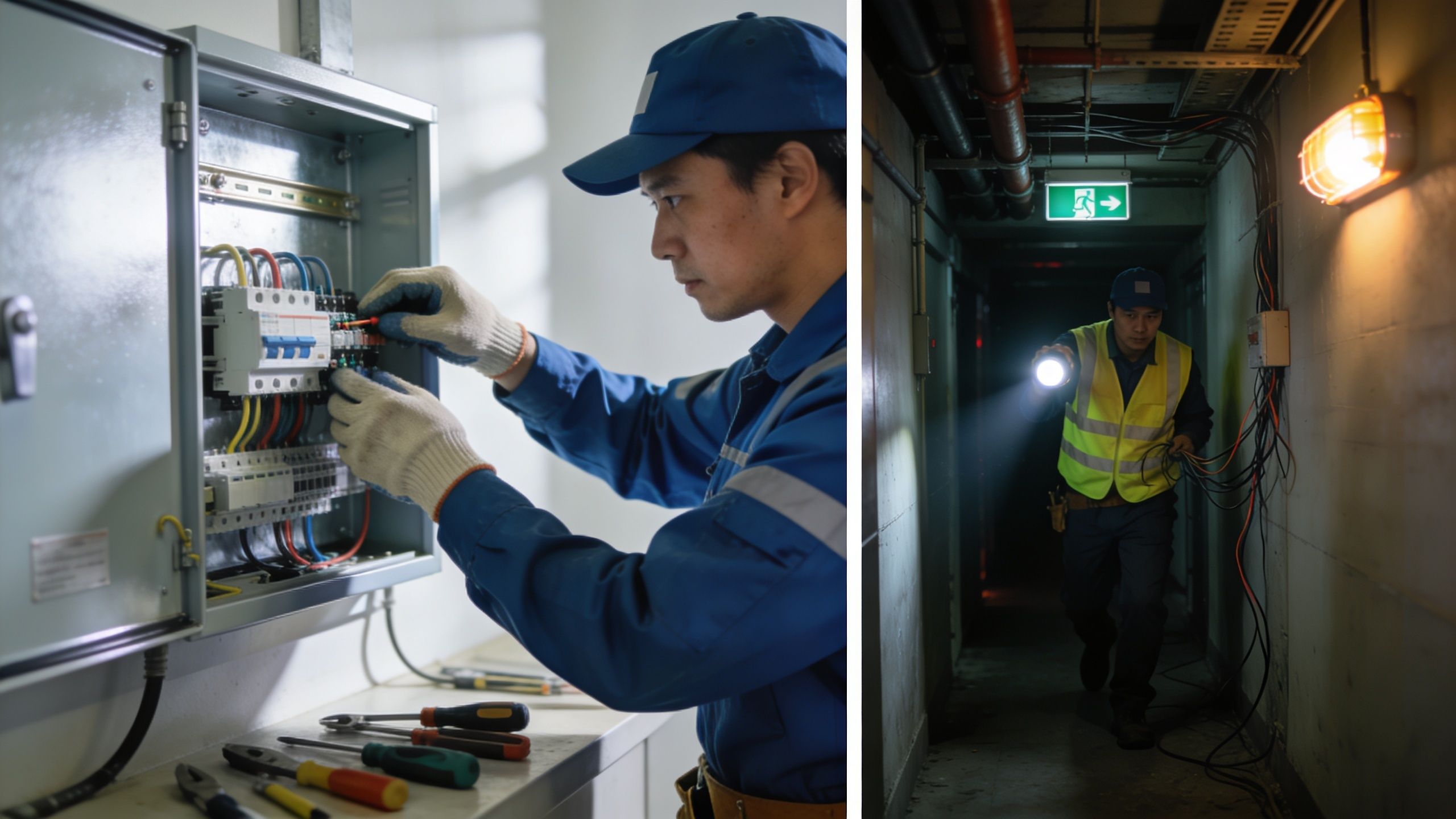 En elektriker arbejder på et elektrisk sikringsskab og inspicerer ledninger i en mørk kælder med lommelygte.