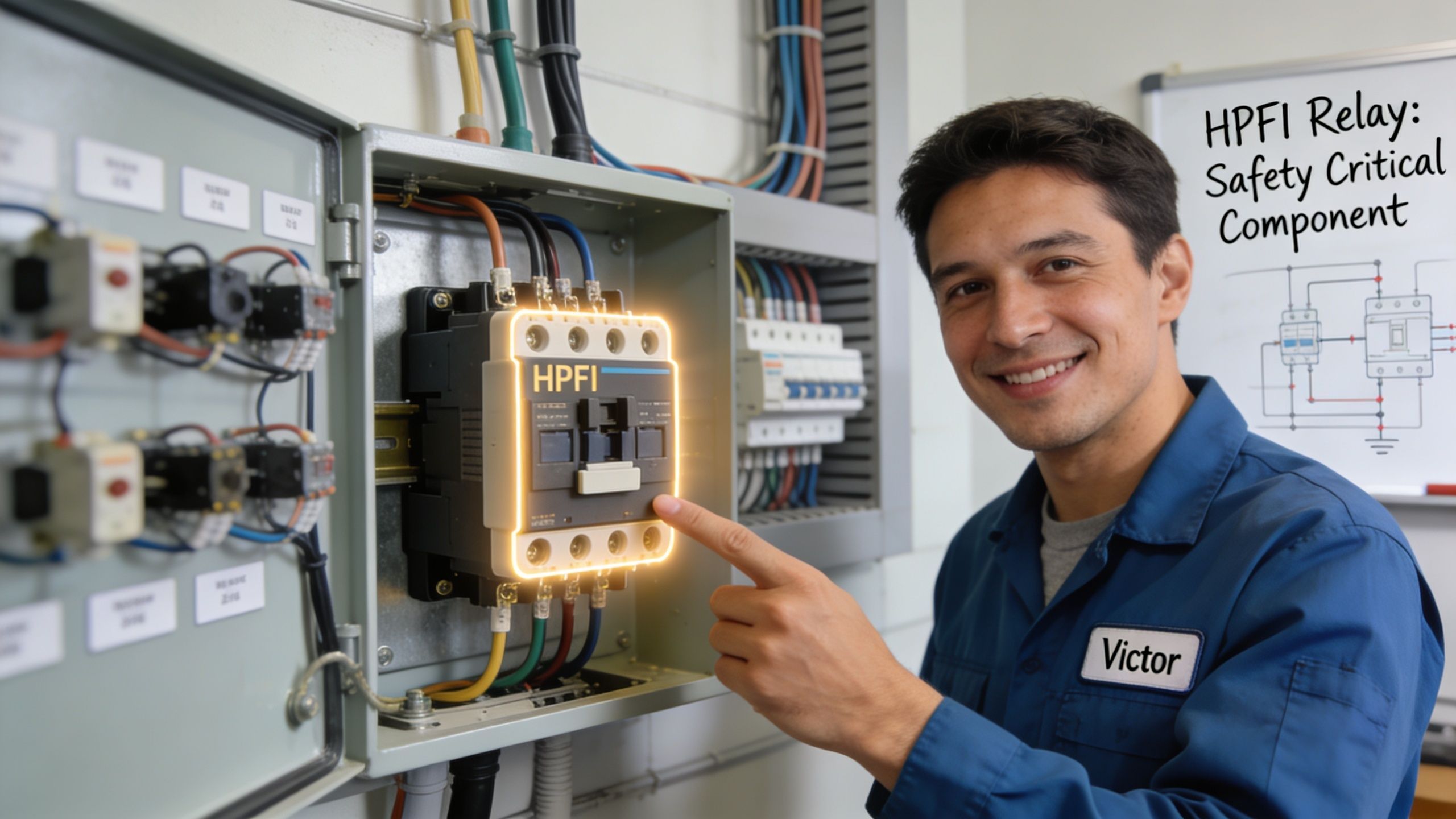 En smilende tekniker ved navn Victor peger på et lysende HPFI-relæ i et elektrisk fordelingstavle.