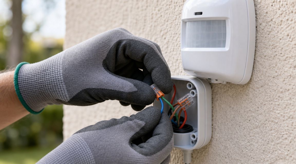 En elektriker med arbejdshandsker monterer ledninger i en bevægelsessensor på en udendørs væg med grønne omgivelser.