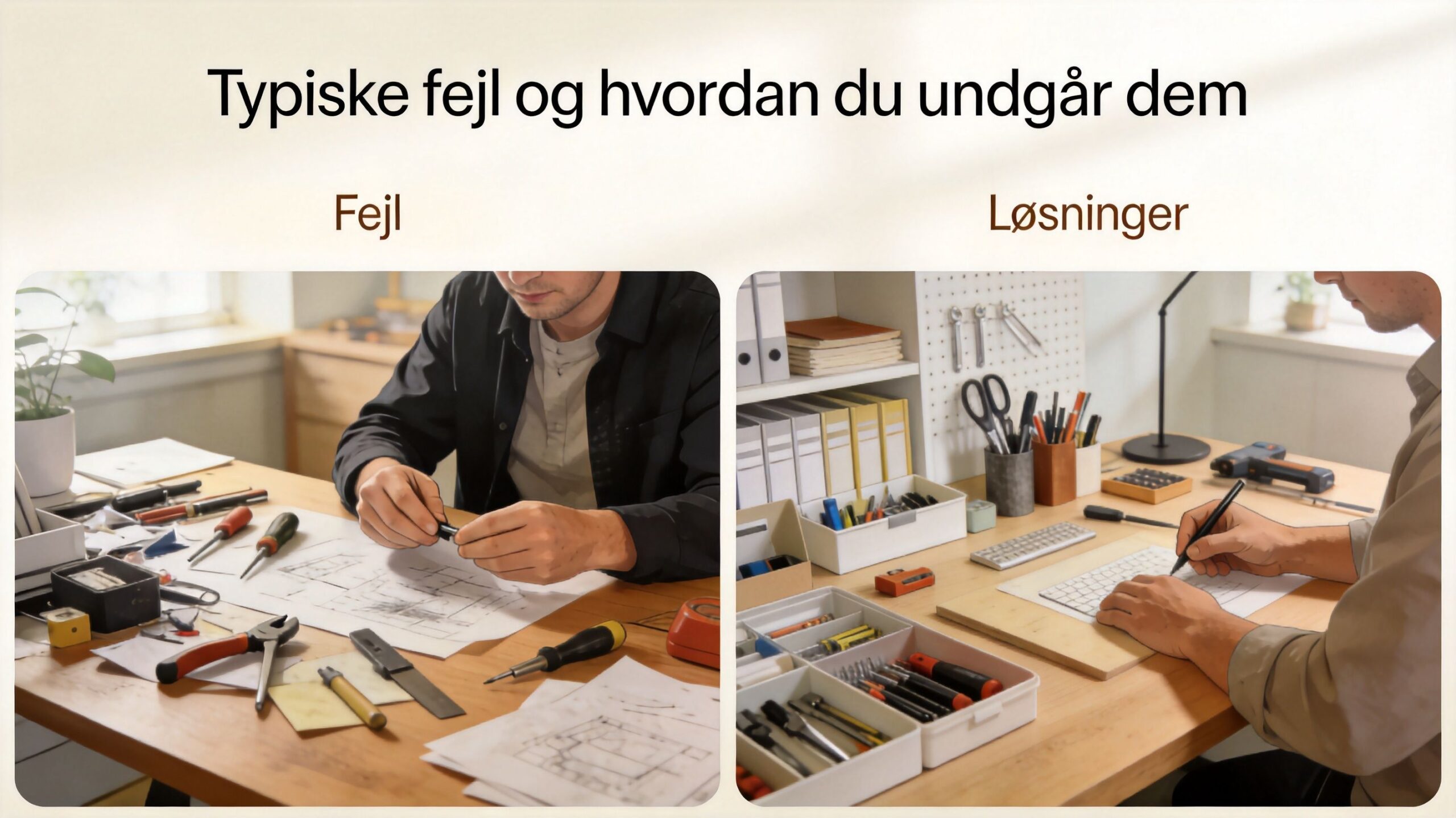 En sammenligning af et rodet og et organiseret arbejdsområde for at vise typiske fejl ved montering.