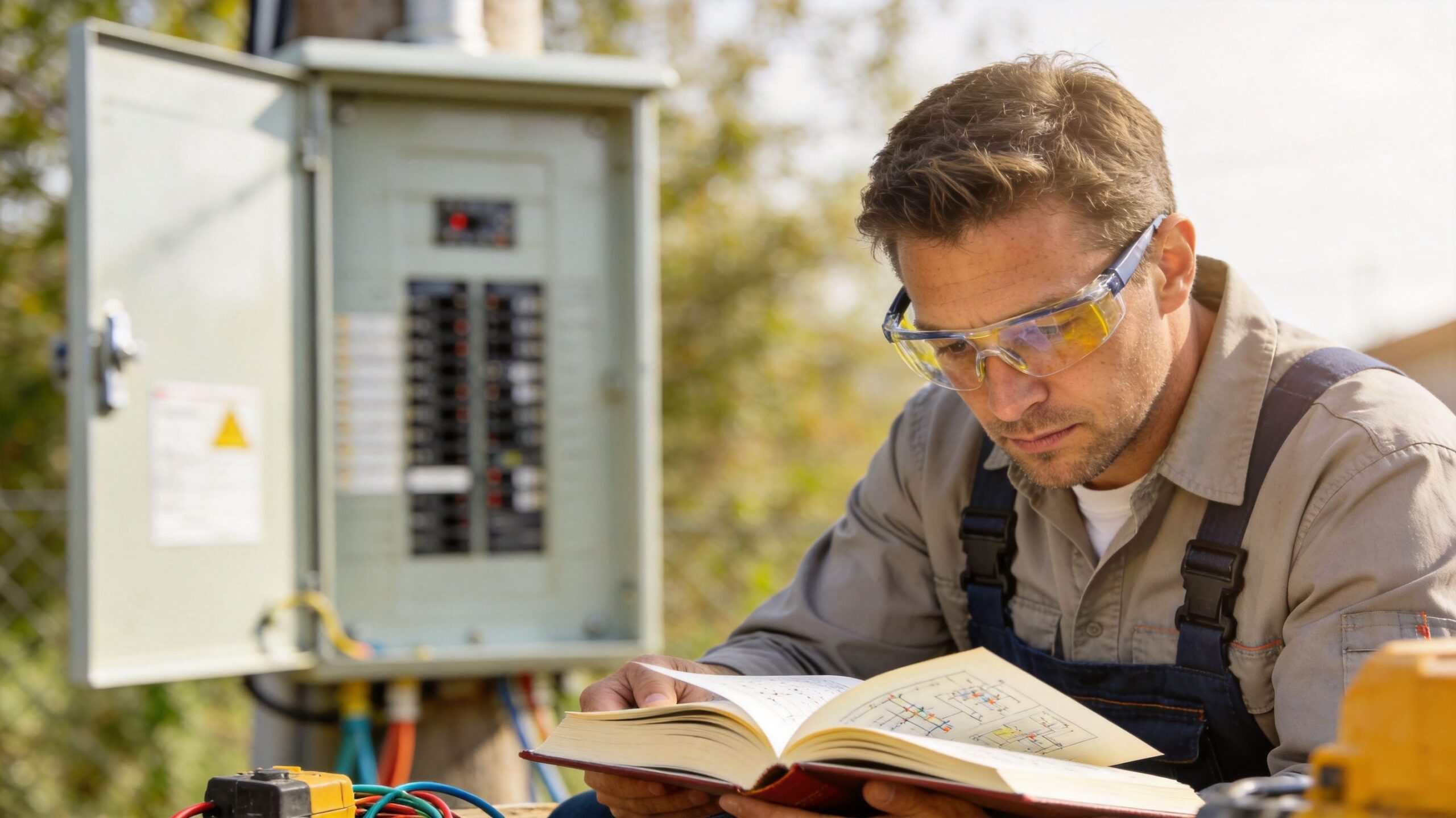 Elektriker læser i en manual foran et åbent udendørs elskab under en installation eller fejlfinding.