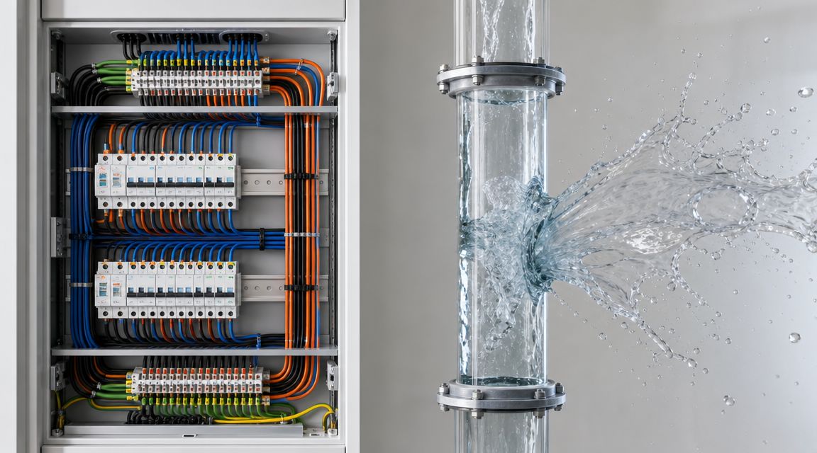 Et elektrisk styreskab ved siden af et gennemsigtigt vandrør, der illustrerer risikoen for vandskade på elektriske installationer.