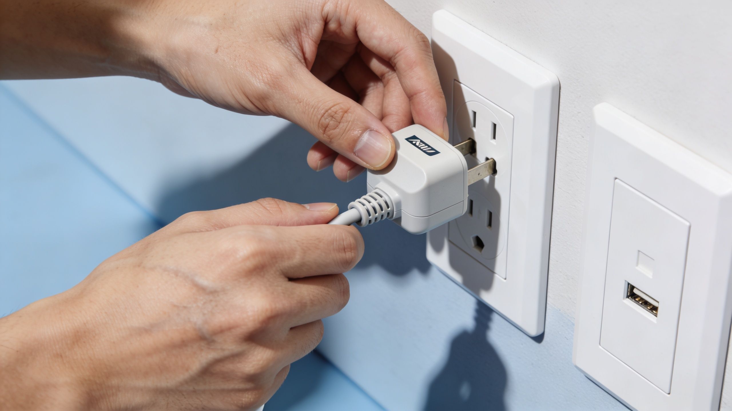 En person sætter et elektrisk stik i en stikkontakt på en hvid væg med blå detaljer