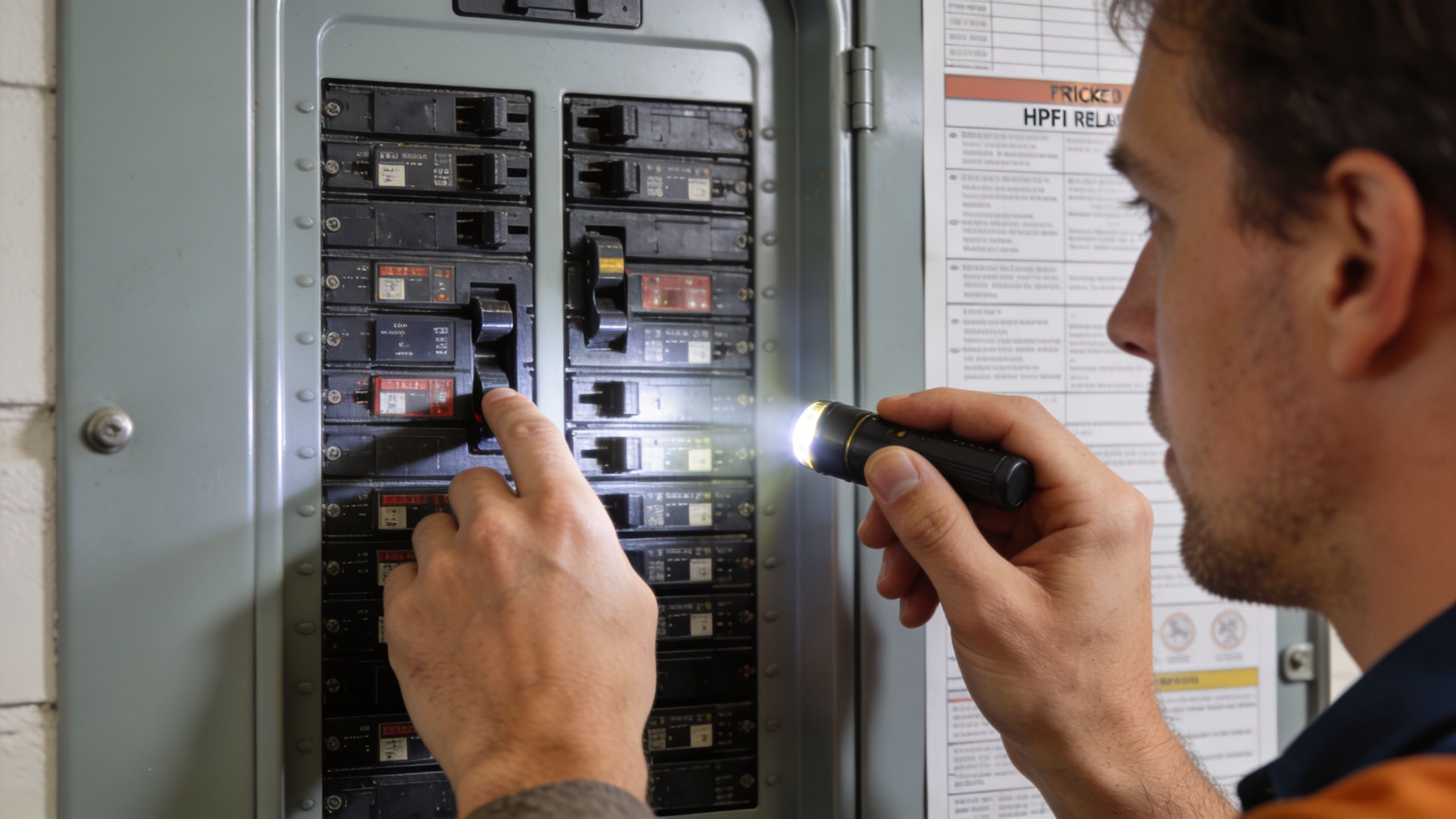 En elektriker inspicerer og betjener et HPFI-relæ og elektrisk sikringspanel med en lommelygte for at sikre strømforsyningen.