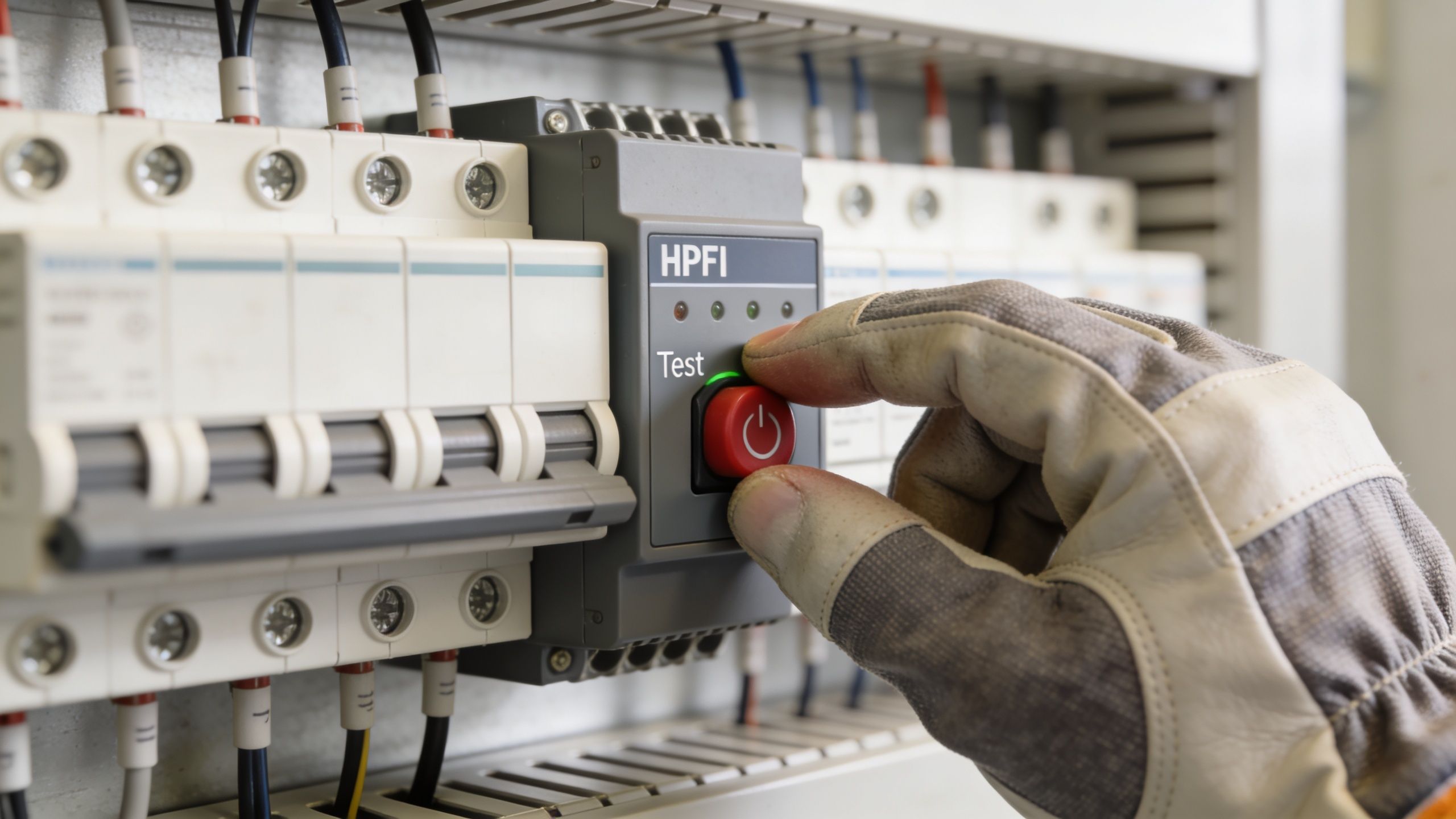 En elektriker tester et HPFI-relæ i en eltavle ved at trykke på den røde testknap.
