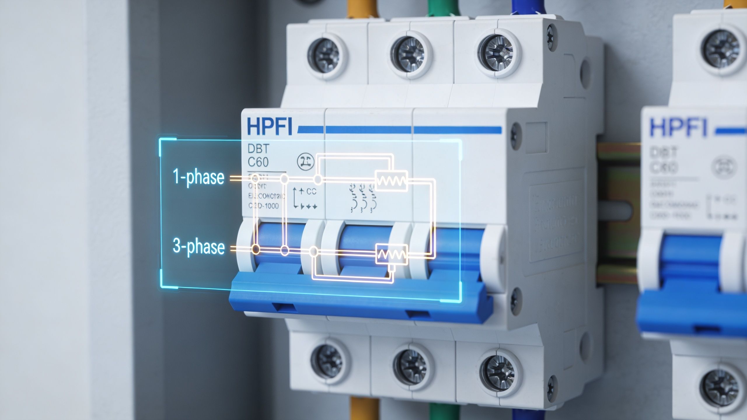 Et elektrisk HPFI-relæ med en digital illustration, der viser 1-fasede og 3-fasede kredsløbsdiagrammer i et elskab.