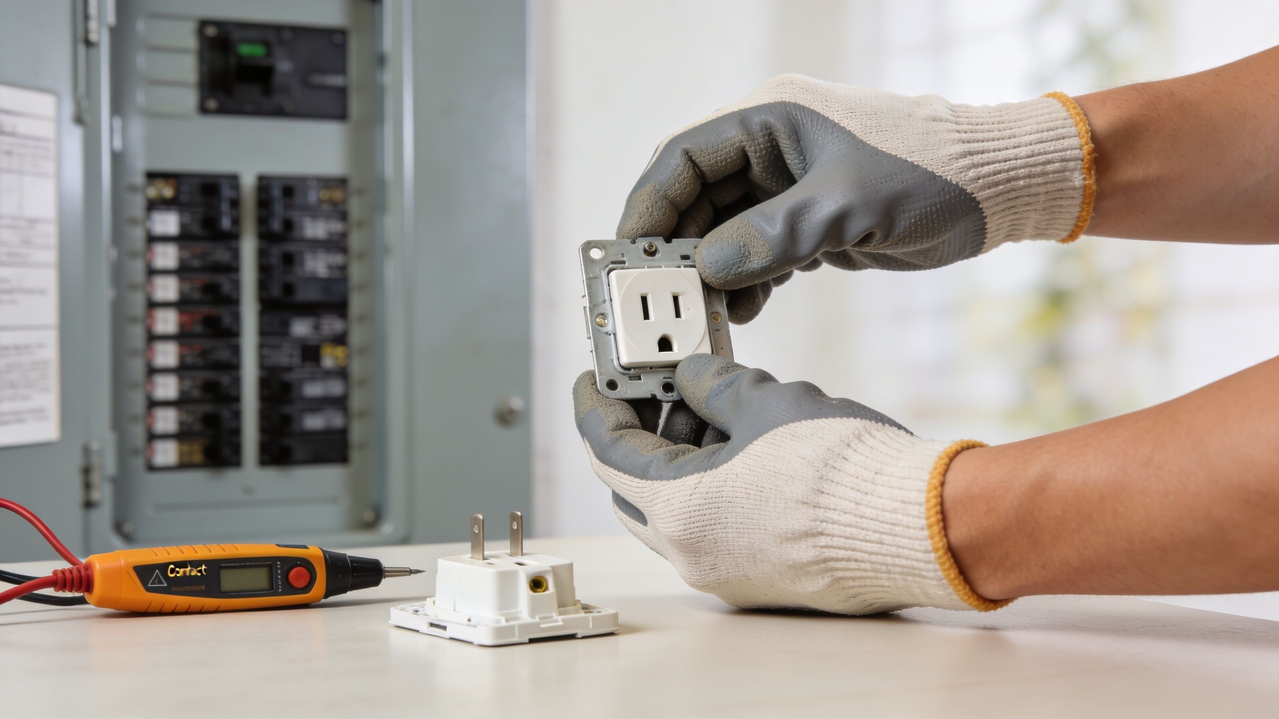 En elektriker iført arbejdshandsker holder en hvid stikkontakt foran en el-tavle til reparationsarbejde.