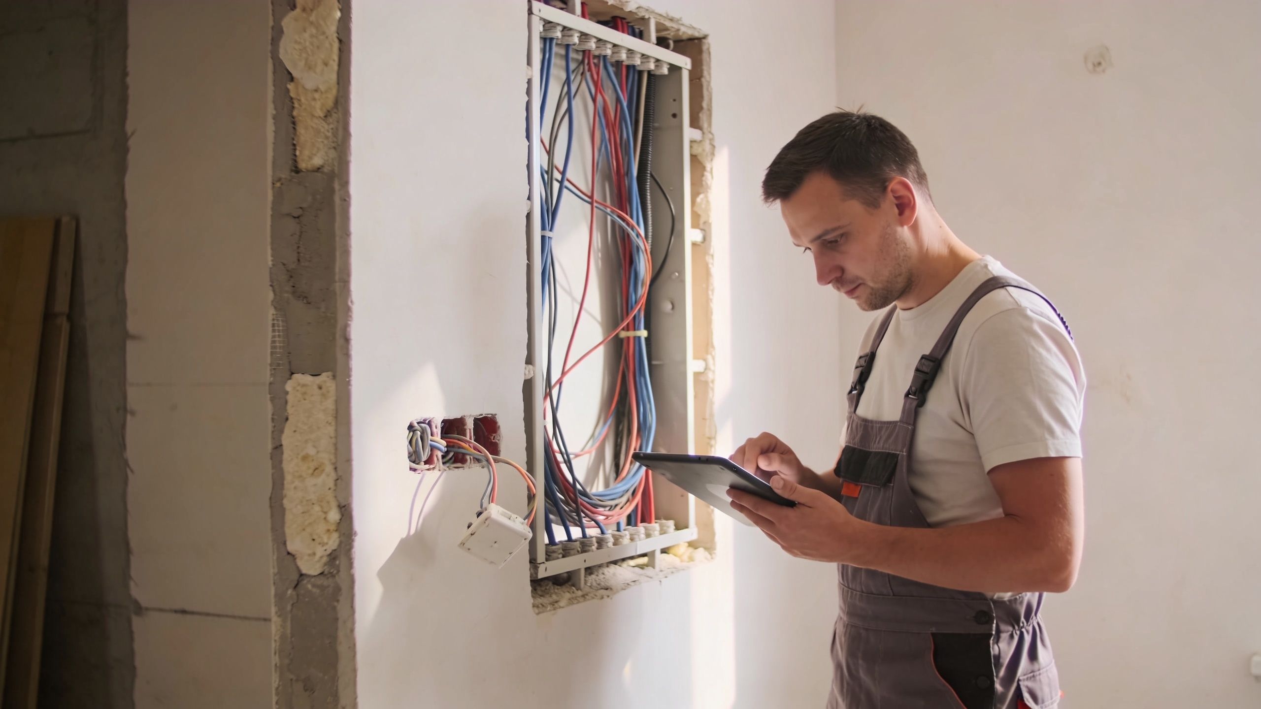 Elektriker der bruger en tablet foran et åbent elskab under renovering af en lejlighed.