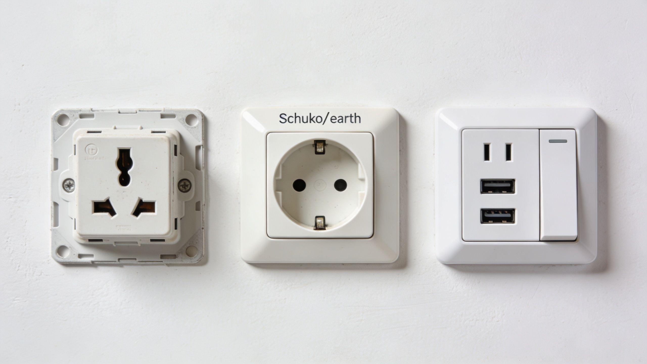 Tre forskellige typer elektriske vægstik monteret på en hvid væg, inklusive universelle stik, Schuko og USB-porte.