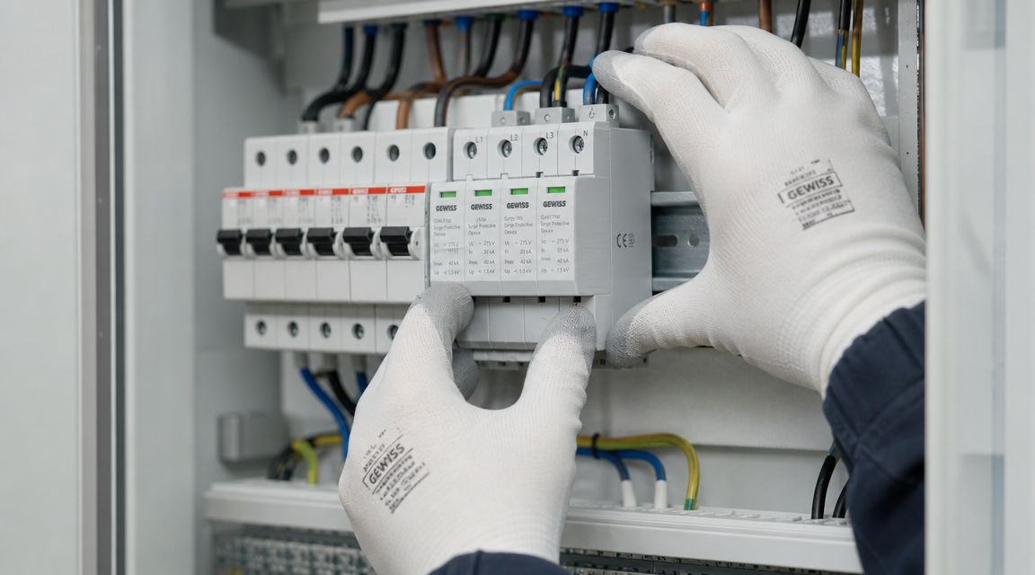 En elektriker installerer en Gewiss overspændingsbeskyttelse i en elektrisk tavle med beskyttelseshandsker på hænderne.