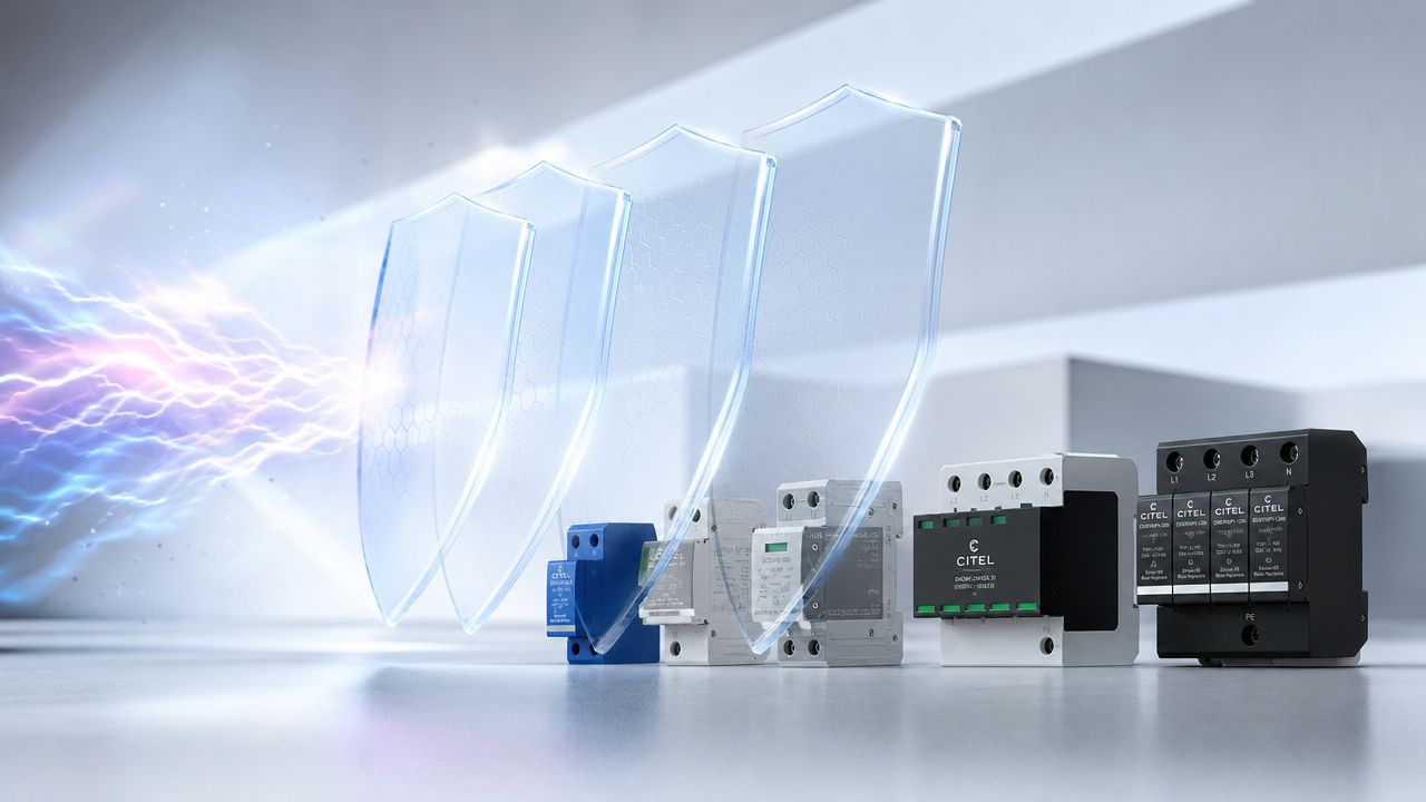 Citel overspændingsbeskyttelse enheder beskyttet af virtuelle skjolde mod elektriske udladninger i et moderne industrielt miljø.