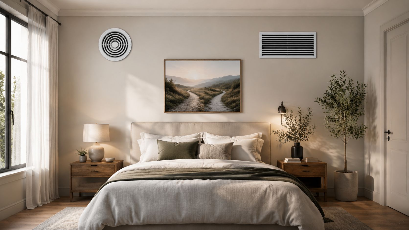 Et moderne, roligt soveværelse med to ventilationsriste på væggen over en beige seng og natborde.
