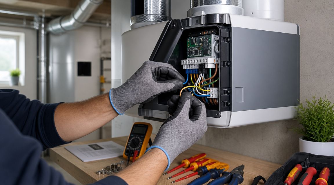 En tekniker med grå arbejdshandsker installerer eller reparerer elektriske ledninger i et ventilationsanlæg monteret på væggen.