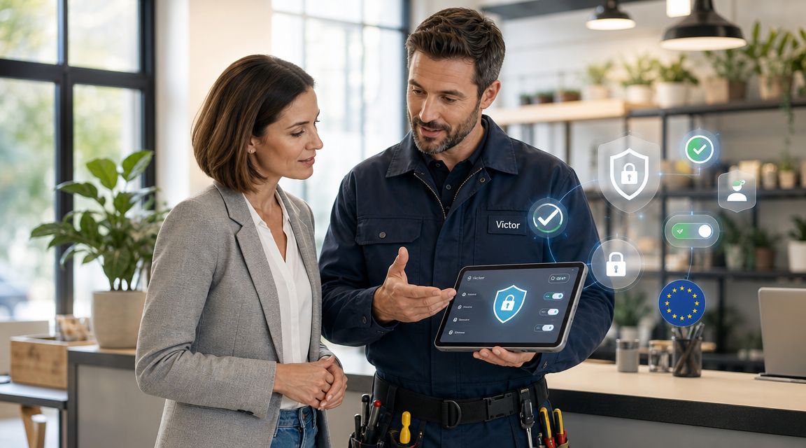 En tekniker fremviser et digitalt sikkerhedssystem for en kunde på en tablet i et moderne kontormiljø.