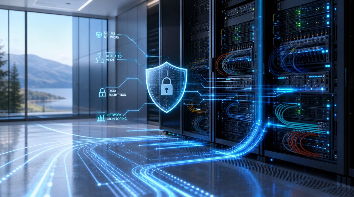 Moderne serverrum med et digitalt skjoldikon og lysende netværksforbindelser, der symboliserer sikker IT-infrastruktur og databeskyttelse.