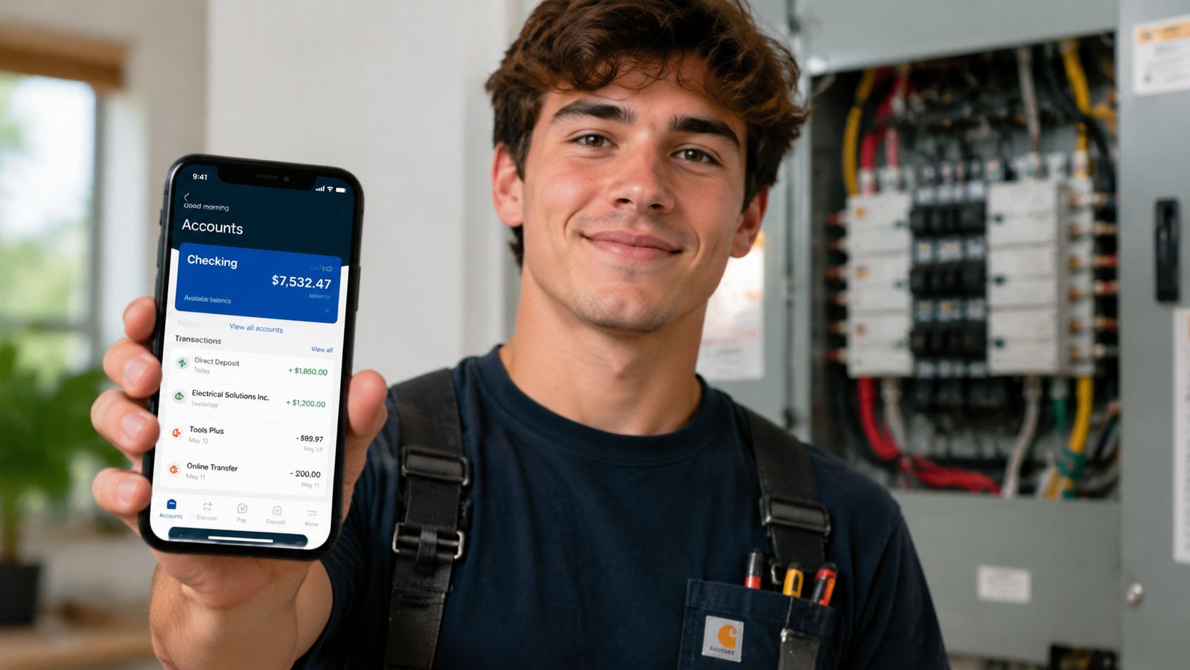 En smilende elektrikerlærling viser sin bankapp på en smartphone med en høj saldo efter endt arbejde.