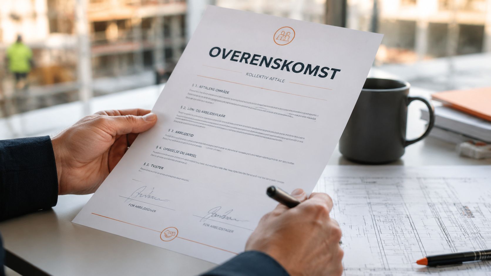 En person holder en underskrevet overenskomst foran en arbejdsplads med tegninger og en kop kaffe.