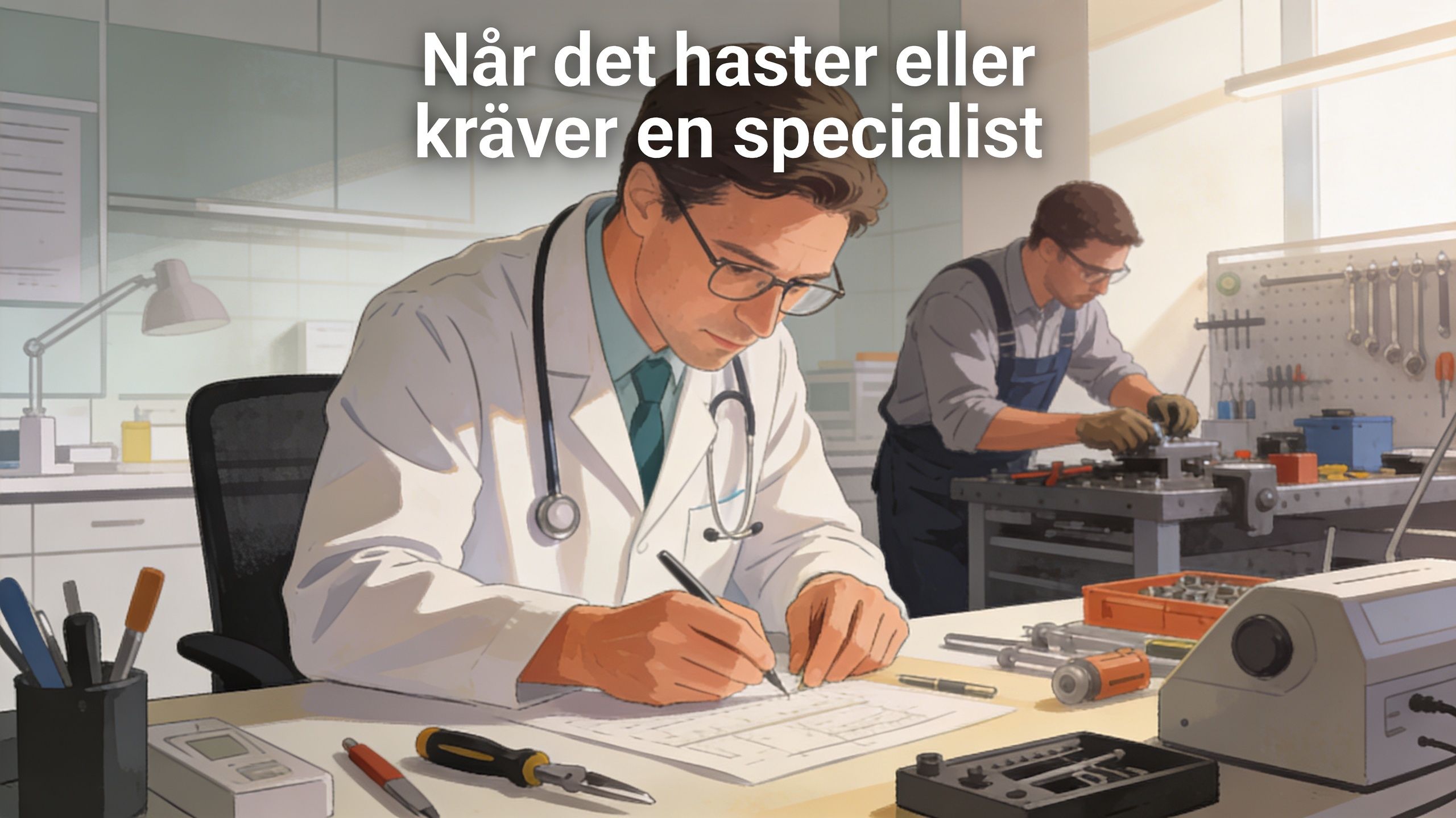 En læge og en elektriker arbejder side om side ved et bord med værktøj og tegninger.