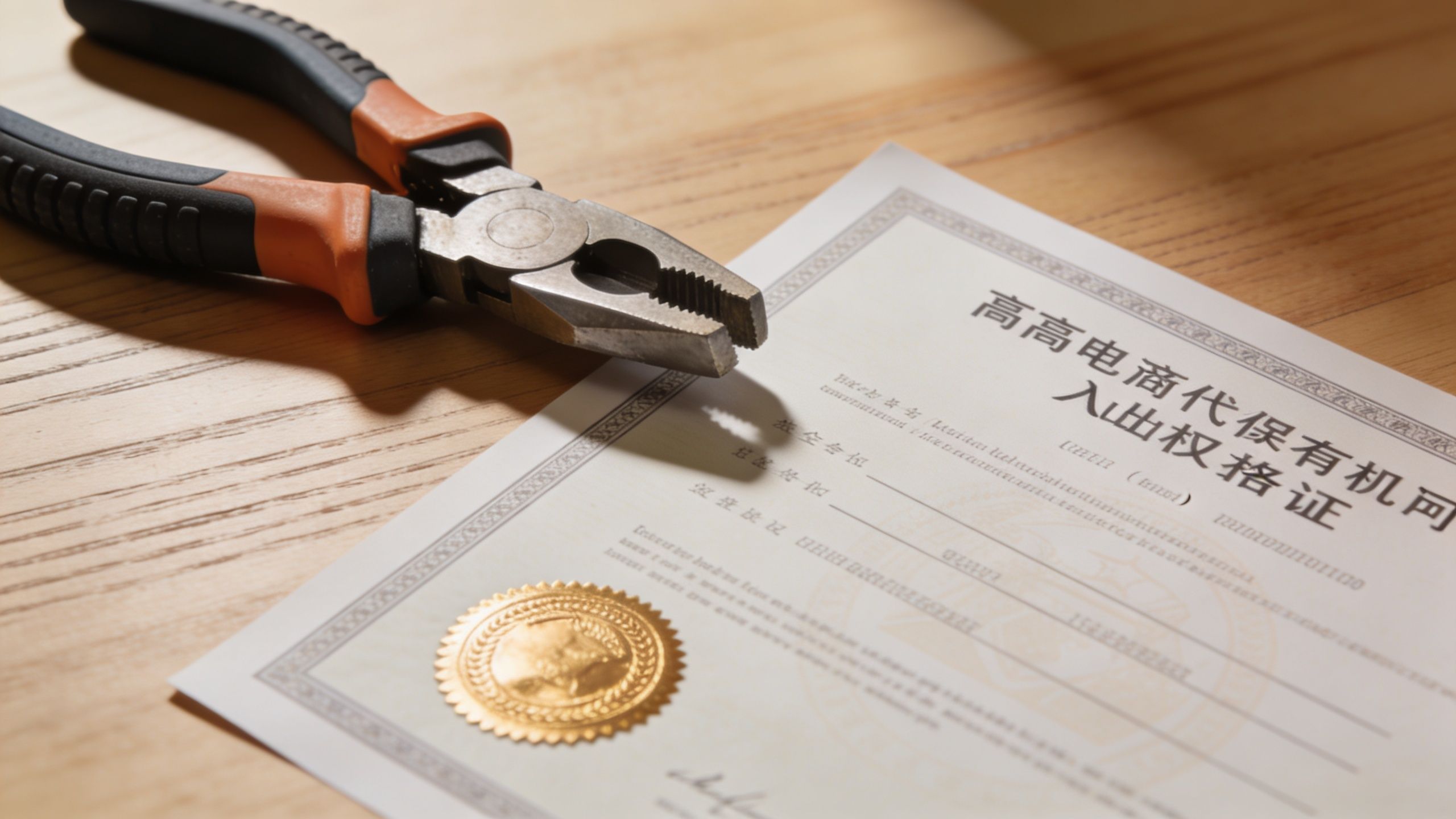 En tang ligger placeret ovenpå et officielt dokument, der symboliserer elektrikerens faglige kvalifikationer og certificeringer.