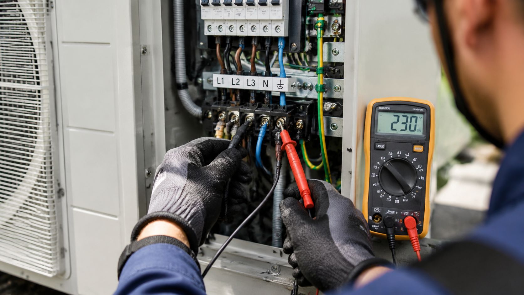 En tekniker foretager elektriske målinger på en udendørs luft til luft varmepumpe ved hjælp af et multimeter.