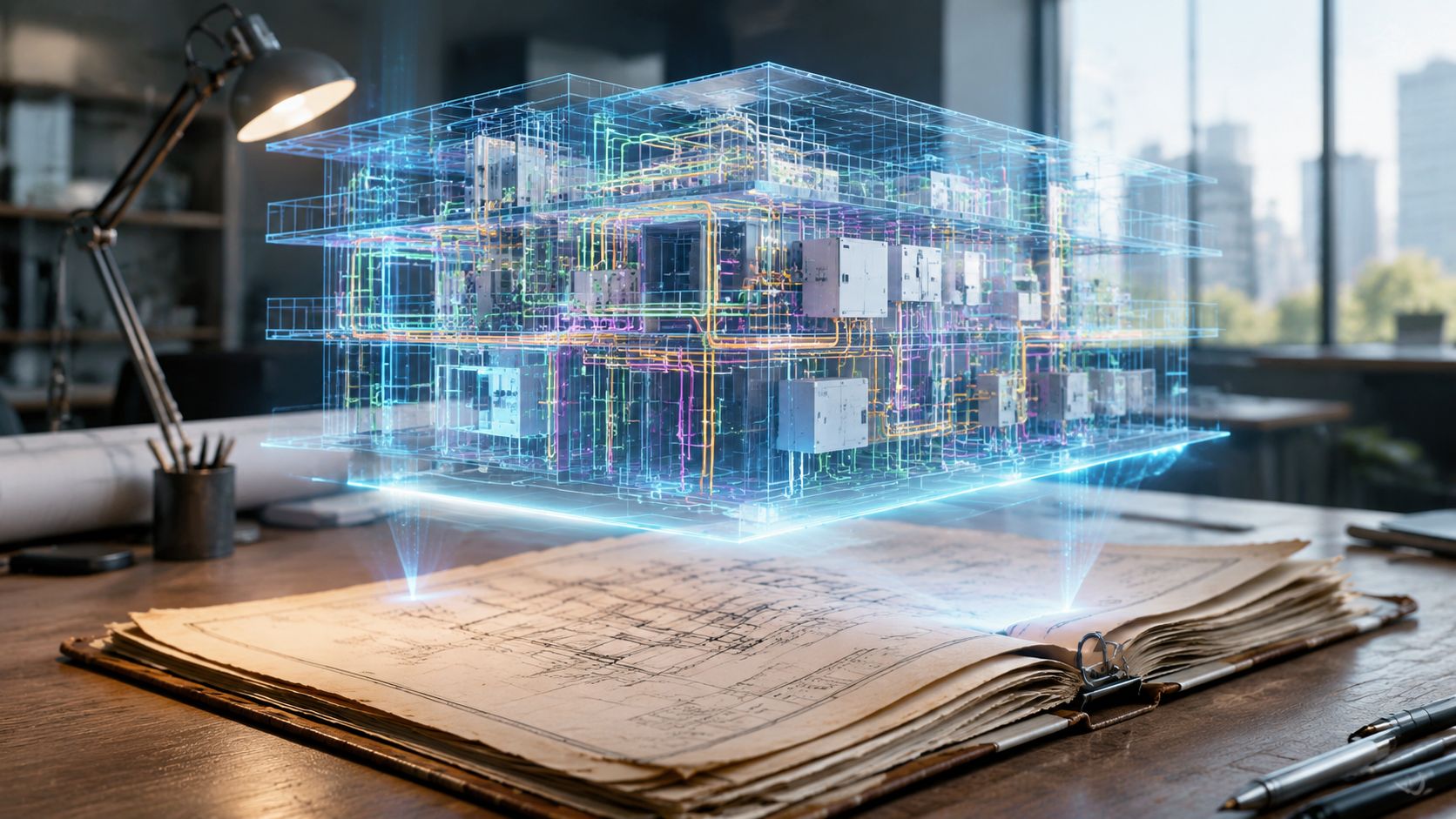 En hologram-projektion af en bygning med komplekse installationer over et åbent sæt byggetegninger på et skrivebord.