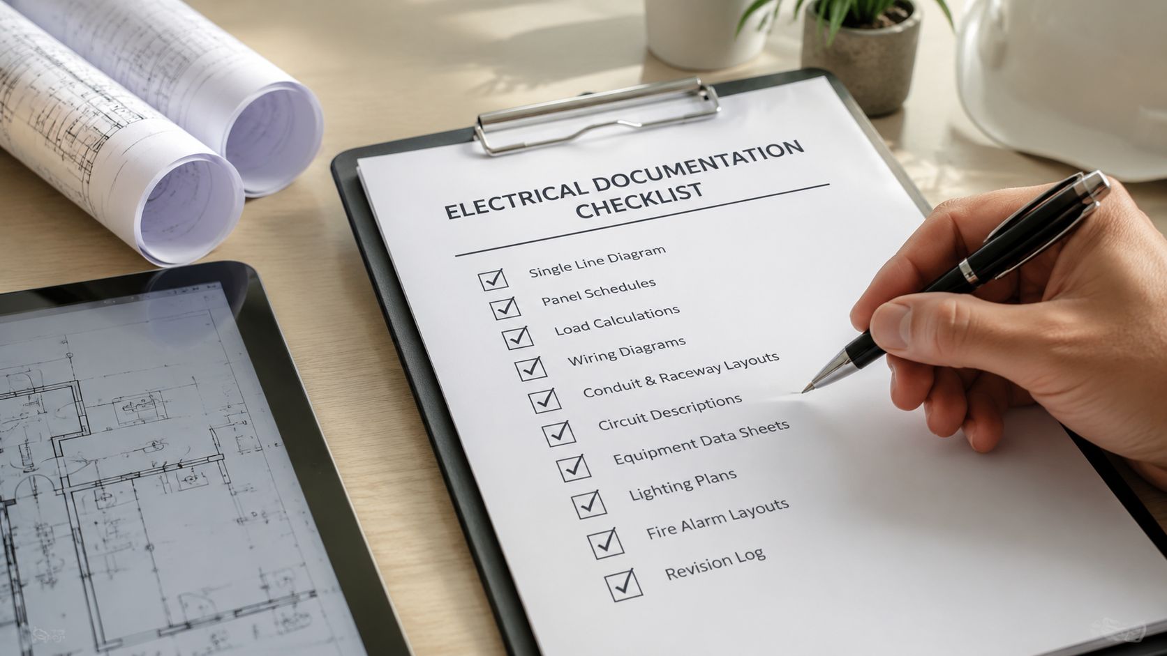 En hånd holder en kuglepen over en elektrisk dokumentationsliste med afkrydsede felter på et kontorbord.