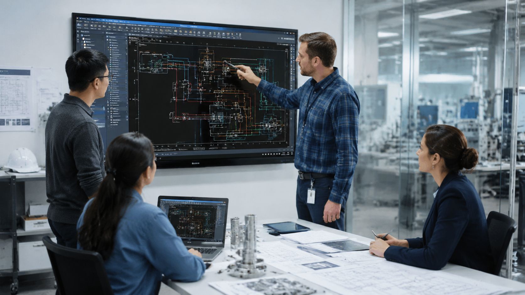 Et team af ingeniører gennemgår tekniske tegninger på en stor interaktiv skærm i et moderne kontormiljø.