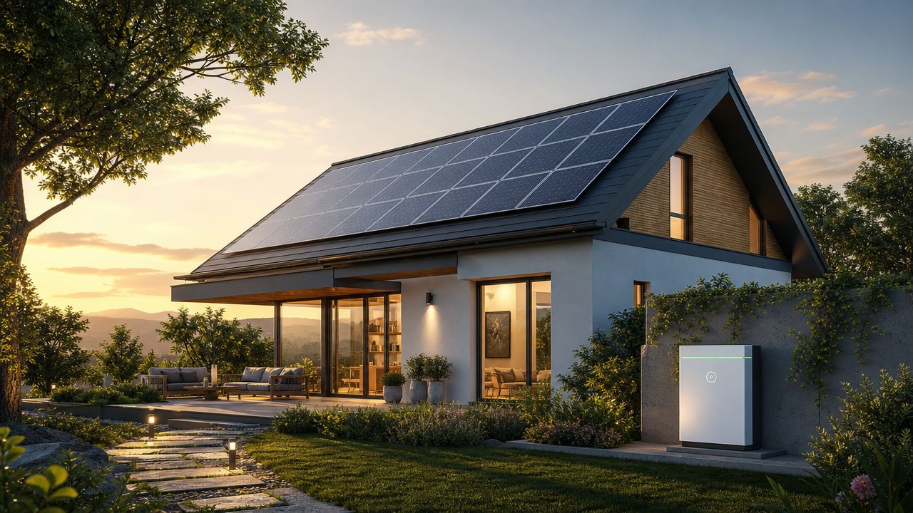 Et moderne hus med solpaneler på taget og et batterilager til solceller stående i en flot have.