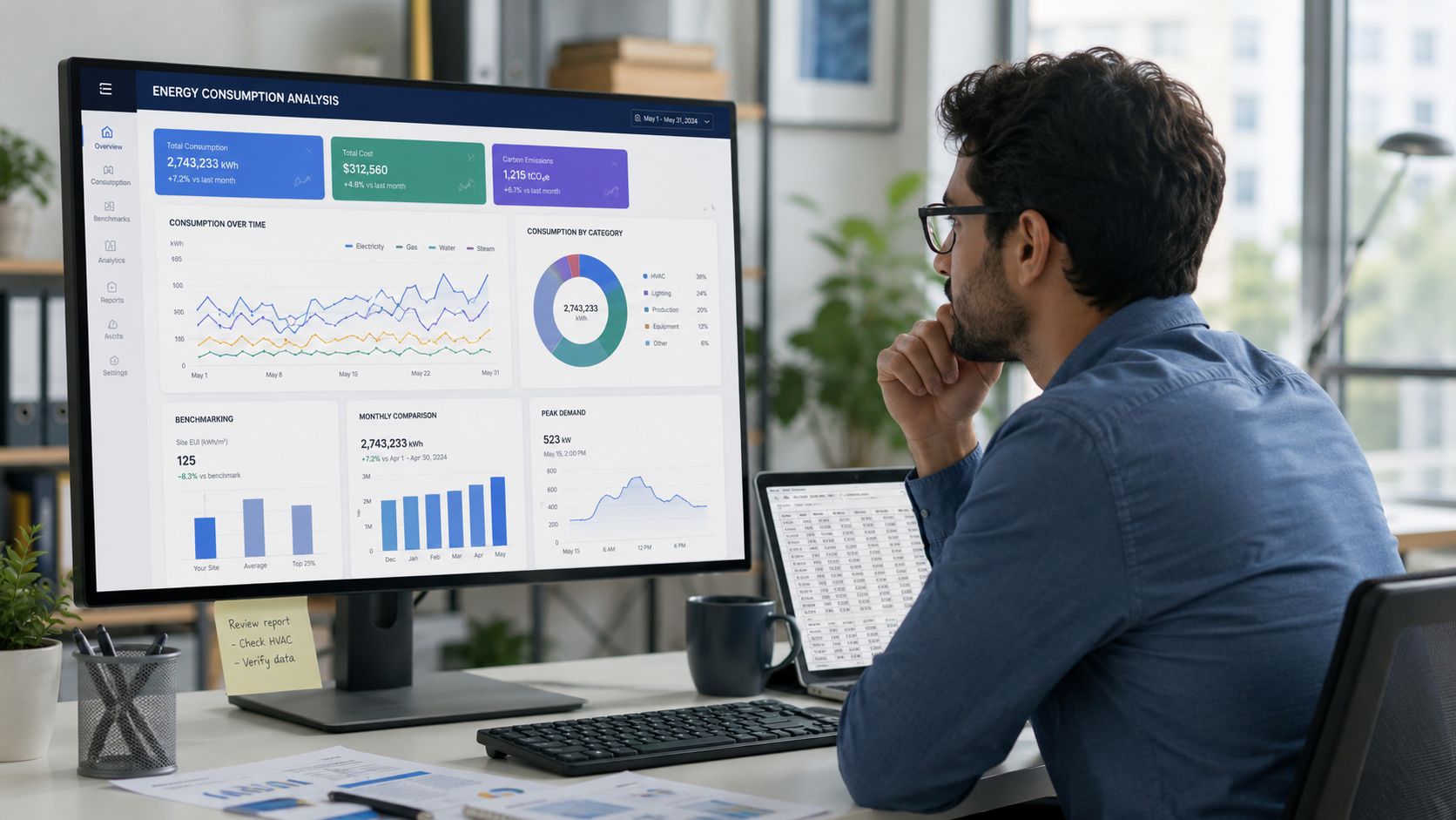 En professionel medarbejder analyserer energiforbrugsdata på en stor computerskærm for at optimere virksomhedens ressourcer.