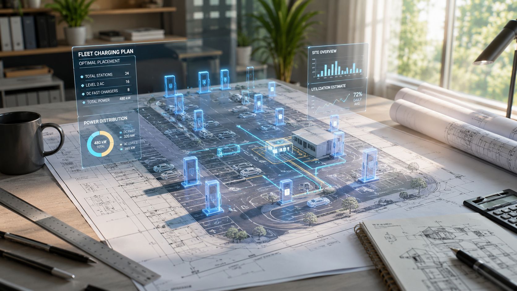 En digital planlægning af ladestander til elbil erhverv projiceret som et holografisk overlay over en arkitekttegning.