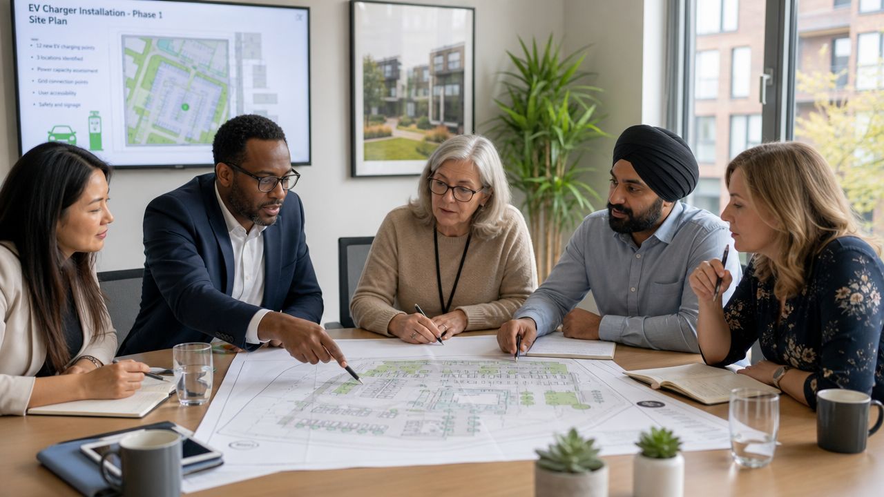 En gruppe professionelle holder et møde omkring et bord og diskuterer en plan for ladestandere til boligforeningen.
