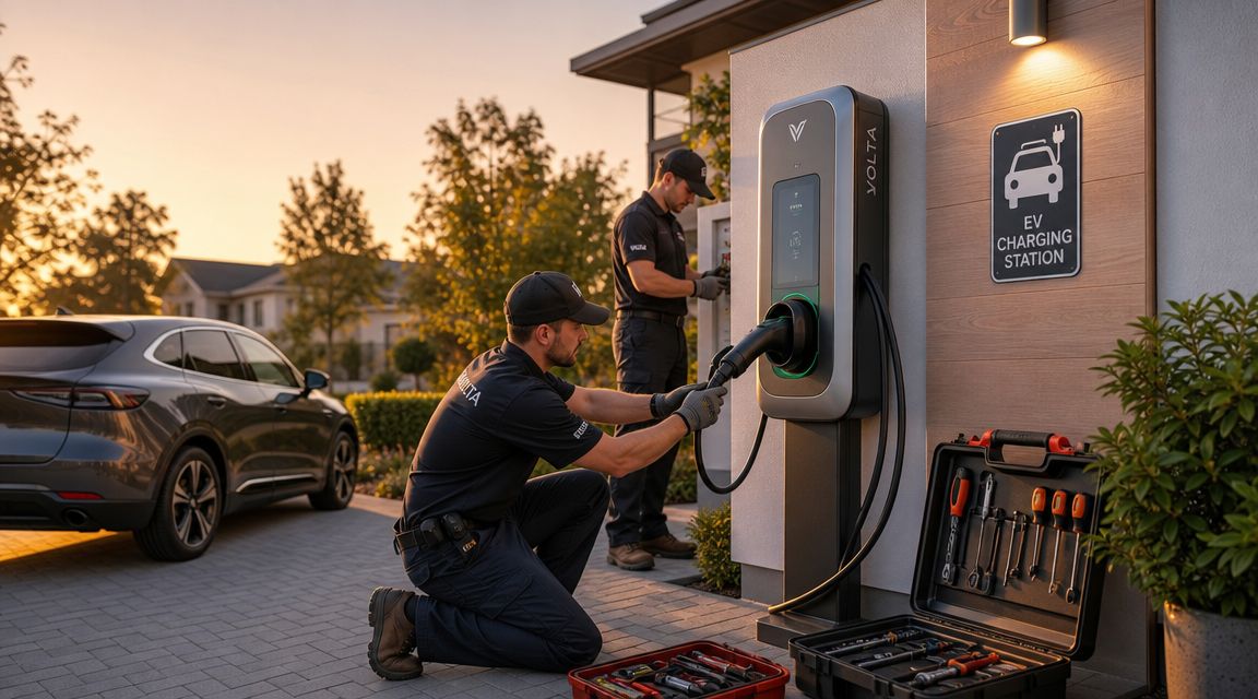 To teknikere servicerer en ladestander til elbiler i et boligområde ved solnedgang.