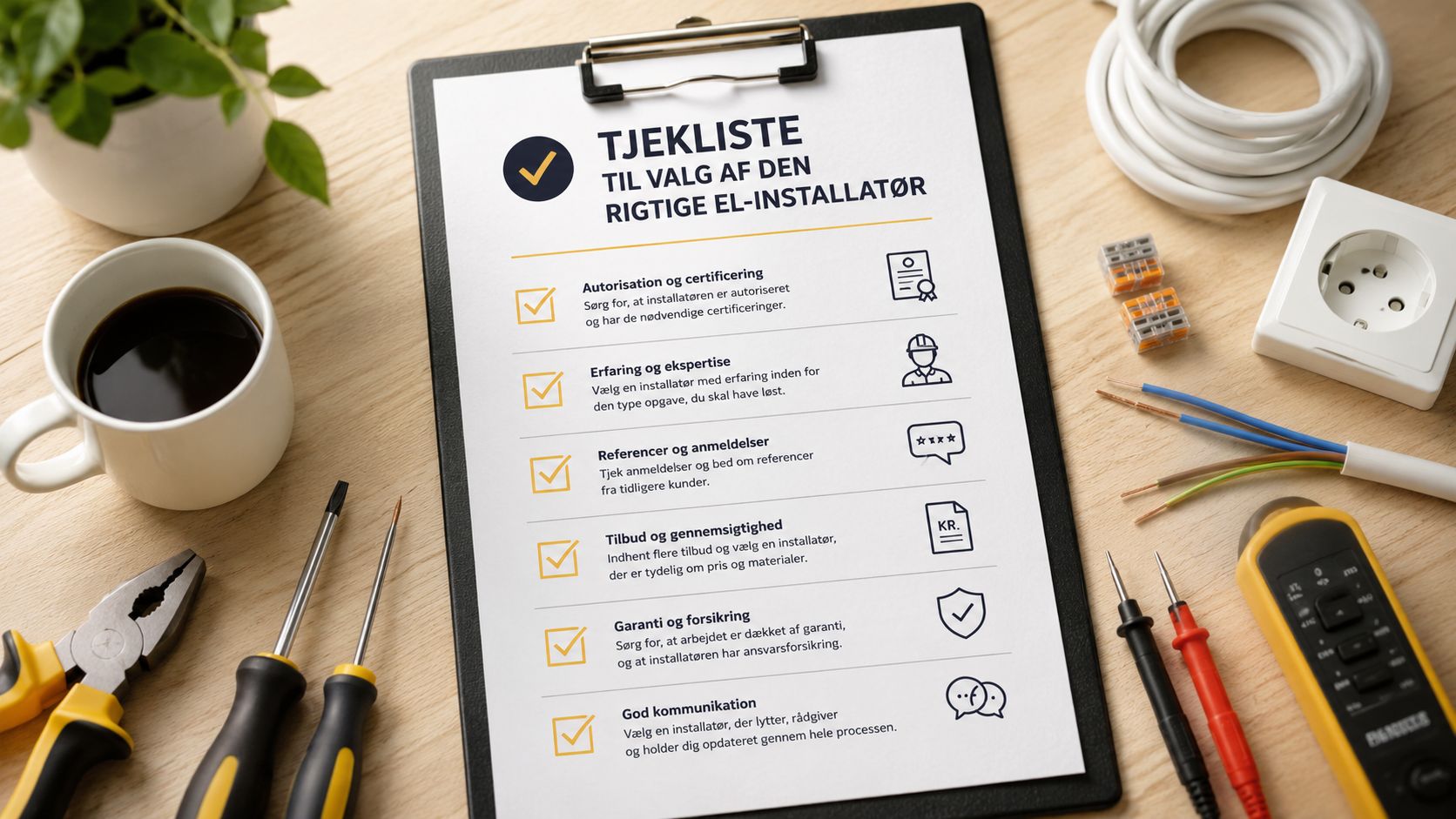 En tjekliste på en clipboard med gode råd til valg af den rigtige professionelle el-installatør.