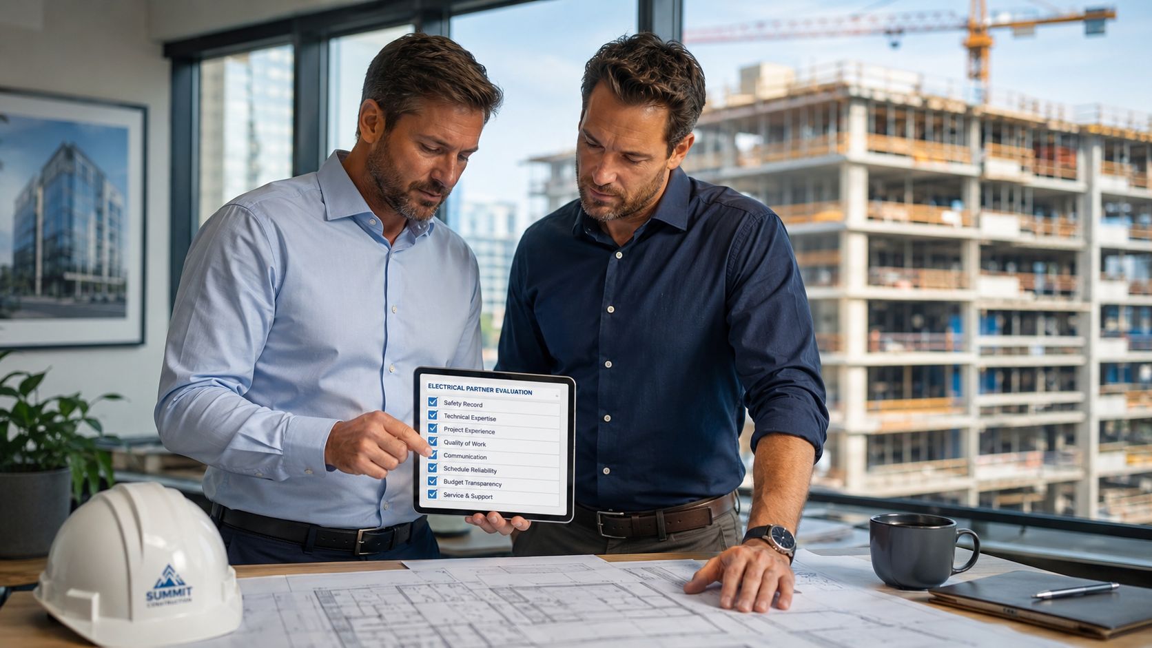 To byggeledere diskuterer en evaluering af en elektrisk samarbejdspartner på en tablet foran en byggeplads.