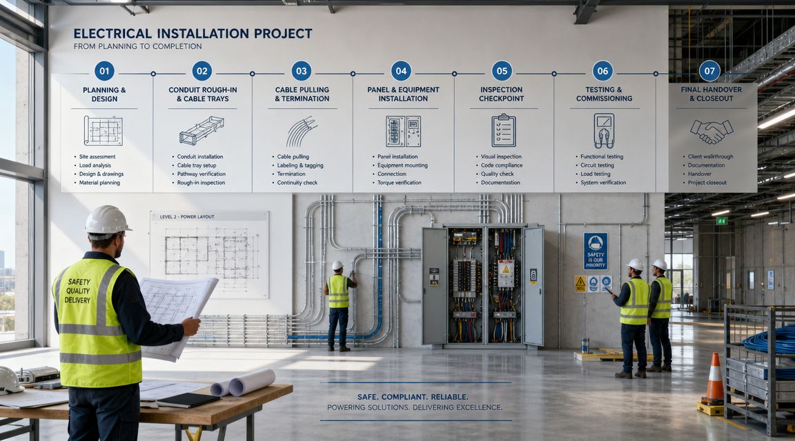 Ingeniører og teknikere arbejder på en byggeplads med en infografik om elektriske installationsprocesser i baggrunden.