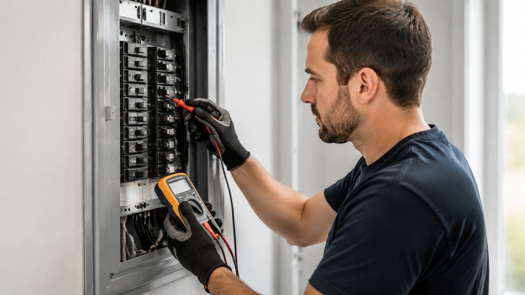 En elektriker udfører fejlfinding på et elektrisk sikringsskab ved hjælp af et multimeter i et lyst rum.