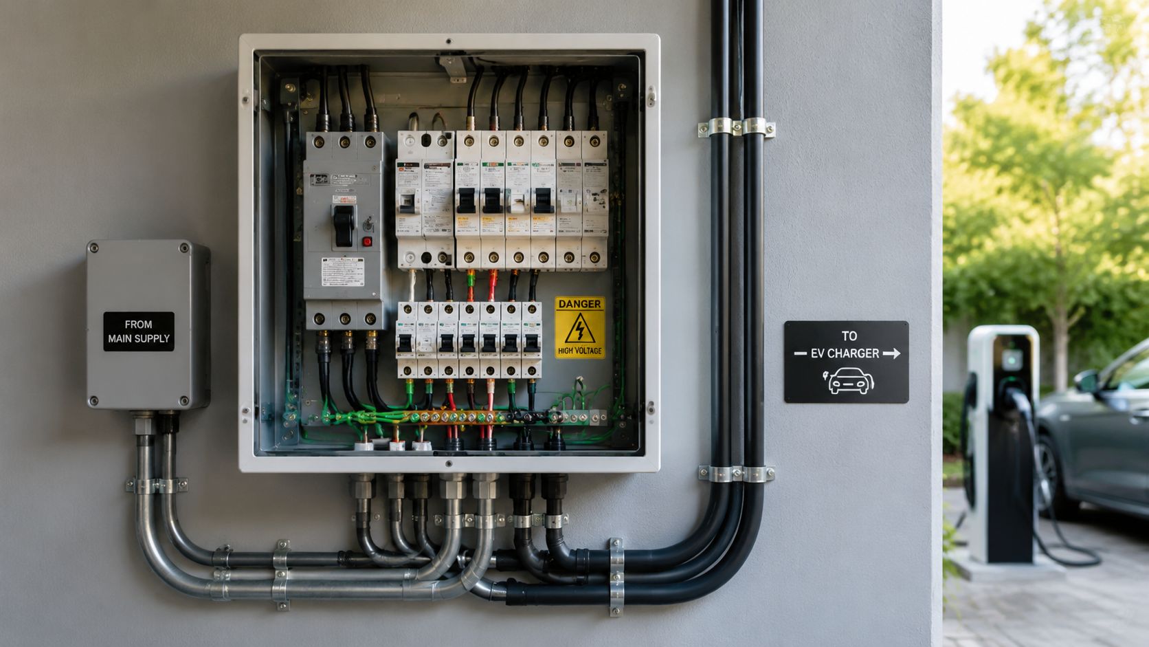 Et elektrisk kontrolpanel monteret på en væg ved siden af en ladestander til elbil til erhvervsbrug.