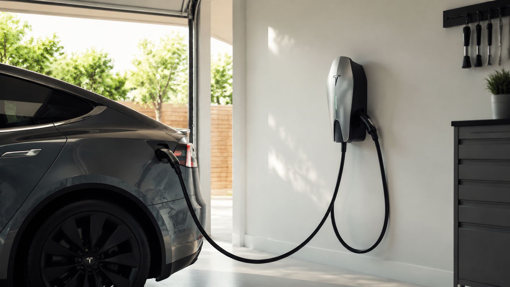 En grå Tesla elbil parkeret i en garage, mens den bliver opladet med en vægmonteret Tesla-lader.