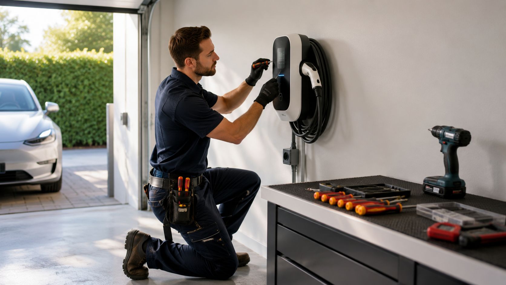 En elektriker installerer eller reparerer en elbil-oplader monteret på væggen i en garage med sit værktøj.